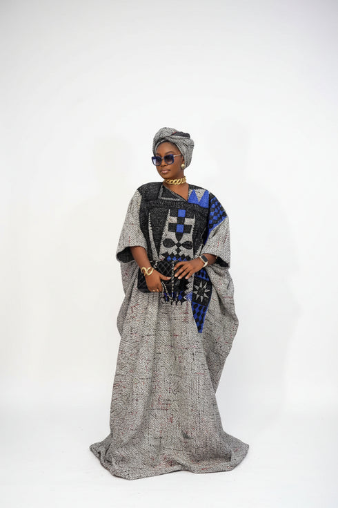 ISABEAU Luxury Thick Tweed Boubou Kaftan Maxi Dress With Tinko Embroidery Panel and Matching Headwrap