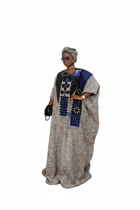 ISABEAU Luxury Thick Tweed Boubou Kaftan Maxi Dress With Tinko Embroidery Panel and Matching Headwrap