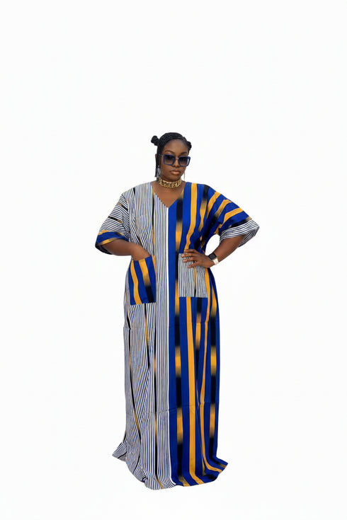 REVERIE Luxury Two Fabric African Stripe Print Patchwork Boubou Kaftan Maxi Dress With Front Pockets
