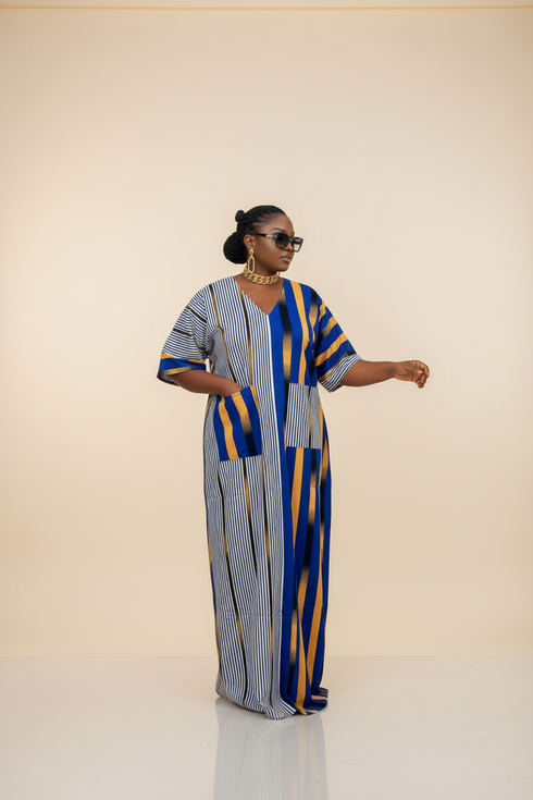 REVERIE Luxury Two Fabric African Stripe Print Patchwork Boubou Kaftan Maxi Dress With Front Pockets
