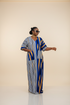 REVERIE Luxury Two Fabric African Stripe Print Patchwork Boubou Kaftan Maxi Dress With Front Pockets