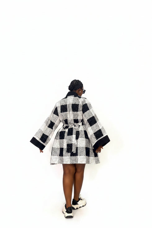 SOLENE Luxury Monochrome 100% Cotton Ankara and Aso Oke Belted Flare Mini Kaftan Dress With Exaggerated Bell Sleeves and Side Pockets
