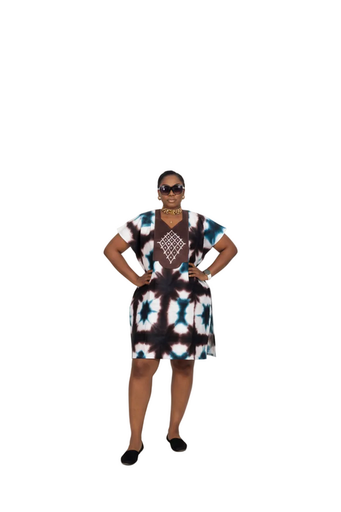 ESTELLE Ankara Kampala Short Dansiki Kaftan Mini Dress With Contrast Embroidered Bib Panel and Side Pockets