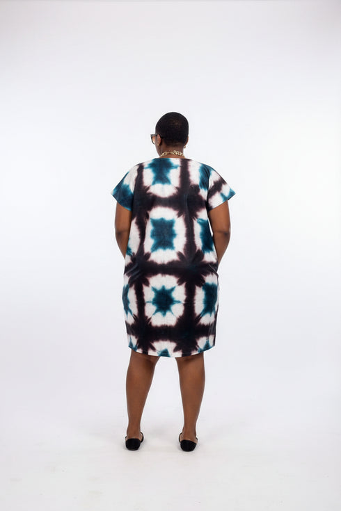 ESTELLE Ankara Kampala Short Dansiki Kaftan Mini Dress With Contrast Embroidered Bib Panel and Side Pockets