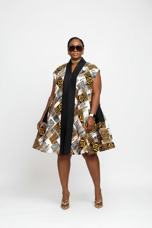 KIMANI Luxury African 100% Cotton Ankara Cape Kimono Mini Dress With Aso Oke Trim, Front Zip Closure, Belted Waist and Side Pockets