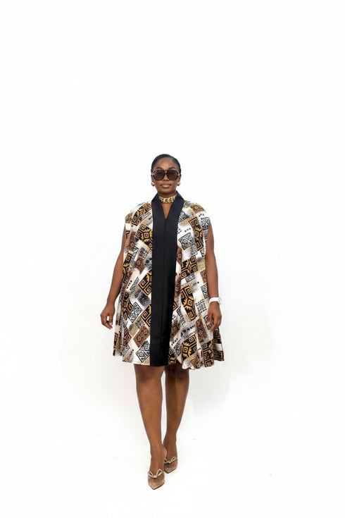 KIMANI Luxury African 100% Cotton Ankara Cape Kimono Mini Dress With Aso Oke Trim, Front Zip Closure, Belted Waist and Side Pockets