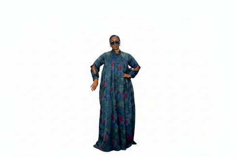 SELENE Luxury Floral Print Satin Finish Button Front Boubou Kaftan Maxi Dress With Dramatic Split Sleeves