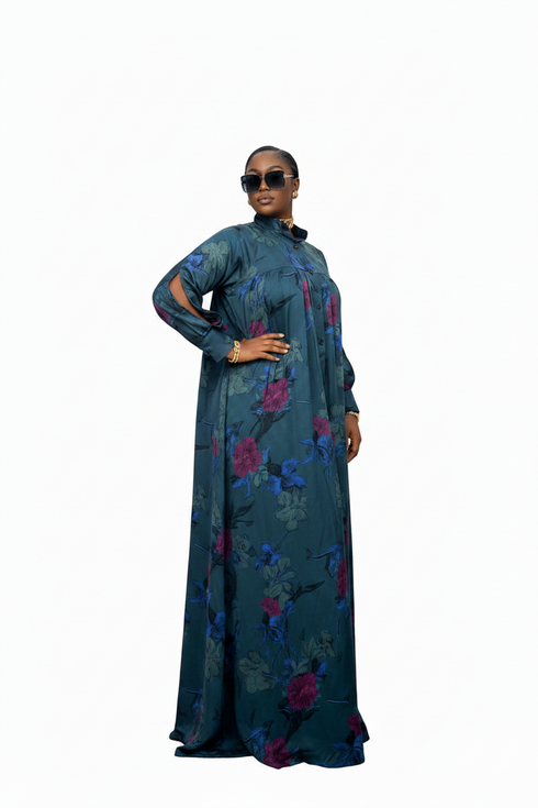 SELENE Luxury Floral Print Satin Finish Button Front Boubou Kaftan Maxi Dress With Dramatic Split Sleeves