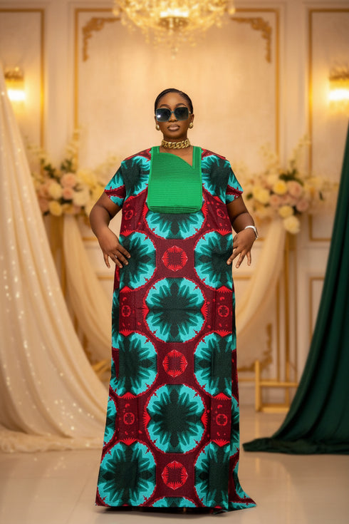 ISA Luxury African Ankara Print Long Dansiki Kaftan/ Boubou Maxi Dress With Pleated Contrast Bib Detail - 1 piece boubou