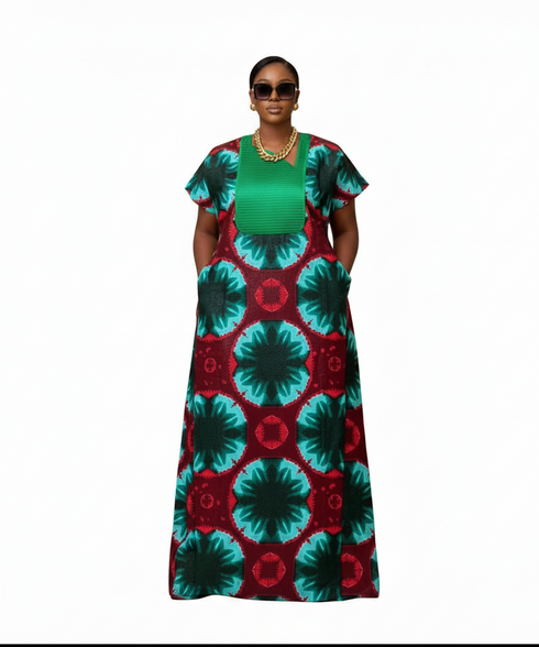 ISA Luxury African Ankara Print Long Dansiki Kaftan/ Boubou Maxi Dress With Pleated Contrast Bib Detail - 1 piece boubou