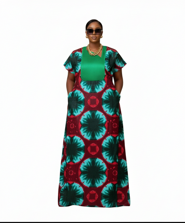 ISA Luxury African Ankara Print Long Dansiki Kaftan/ Boubou Maxi Dress With Pleated Contrast Bib Detail - 1 piece boubou