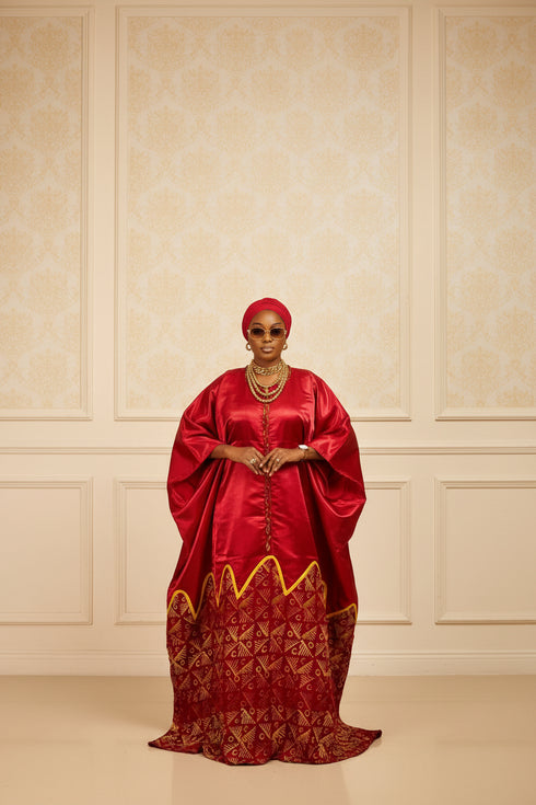 AURELIA FIRE Luxury Satin African Boubou Kaftan Maxi Dress With African Print Hem Panel and Matching Headwrap