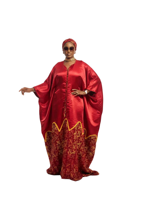 AURELIA FIRE Luxury Satin African Boubou Kaftan Maxi Dress With African Print Hem Panel and Matching Headwrap