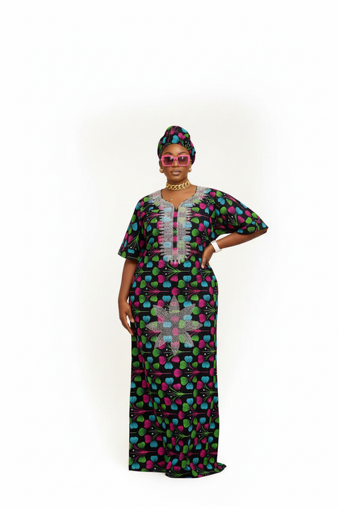 ZOSIME Luxury 100% Cotton Ankara Dansiki Boubou Maxi Dress With Crystal Beaded Neckline, Embellished Front Panel and Matching Headwrap