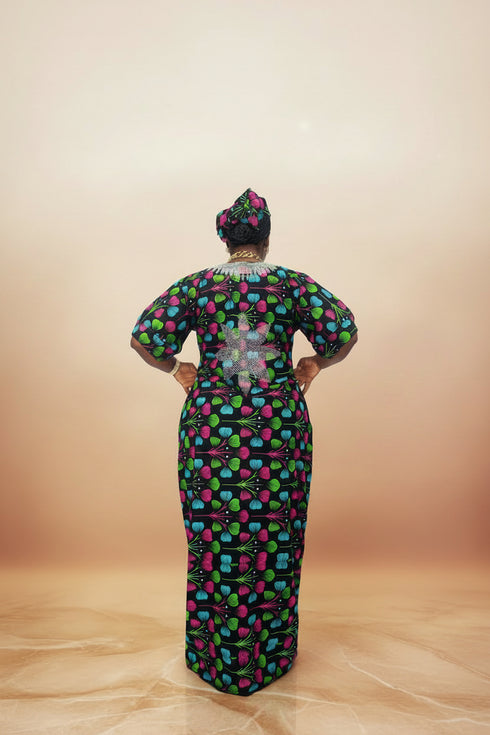ZOSIME Luxury 100% Cotton Ankara Dansiki Boubou Maxi Dress With Crystal Beaded Neckline, Embellished Front Panel and Matching Headwrap