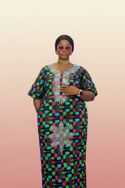 ZOSIME Luxury 100% Cotton Ankara Dansiki Boubou Maxi Dress With Crystal Beaded Neckline, Embellished Front Panel and Matching Headwrap