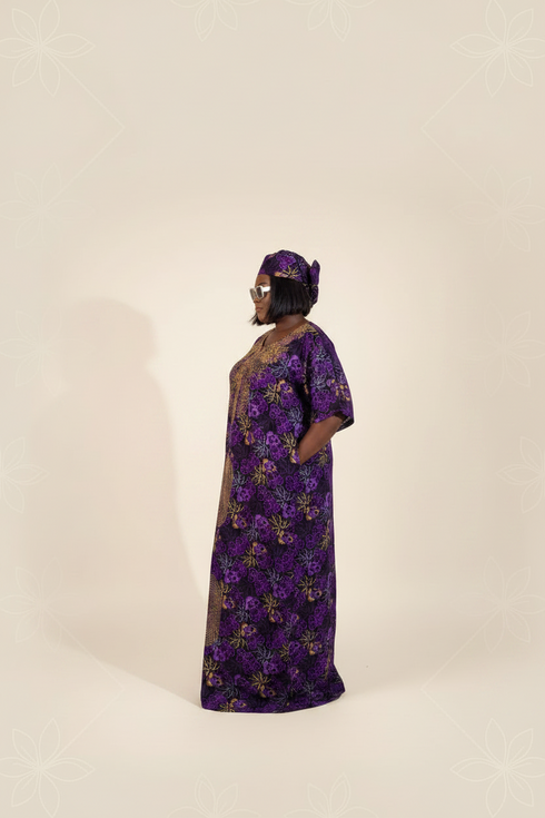 CELESTE Luxury Purple Floral African Print Dansiki Boubou Maxi Dress With Bling Embellished Front Panel, Back Detail, Side Pockets and Matching Headwrap - 2 piece Boubou set