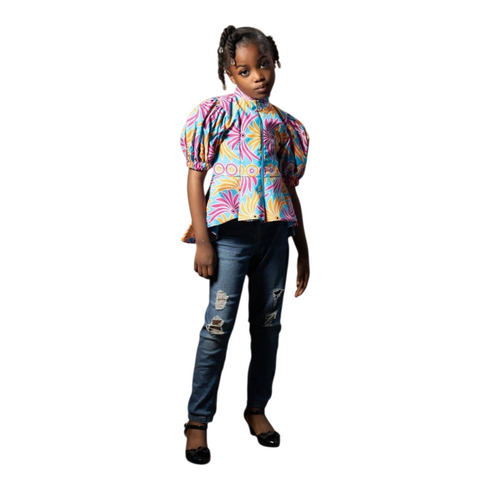 Tahlia Ankara Puff Sleeve with Front Zip Peplum Blouse for Girls – African Print Statement Top Only for Modern Girl