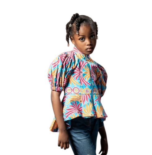 Tahlia Ankara Puff Sleeve with Front Zip Peplum Blouse for Girls – African Print Statement Top Only for Modern Girl