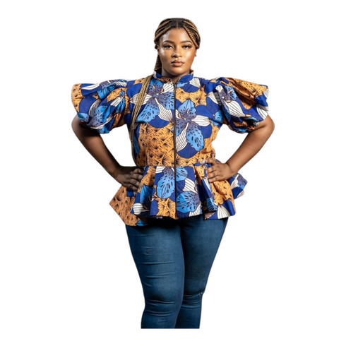 Tahlia Ankara Puff Sleeve with Front Zip Peplum Blouse for Women - African Print Statement Top Only for Modern Women