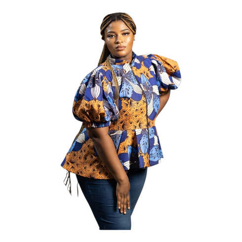 Tahlia Ankara Puff Sleeve with Front Zip Peplum Blouse for Women - African Print Statement Top Only for Modern Women