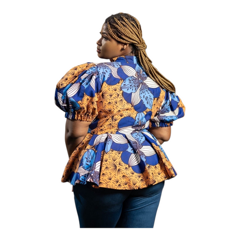 Tahlia Ankara Puff Sleeve with Front Zip Peplum Blouse for Women - African Print Statement Top Only for Modern Women