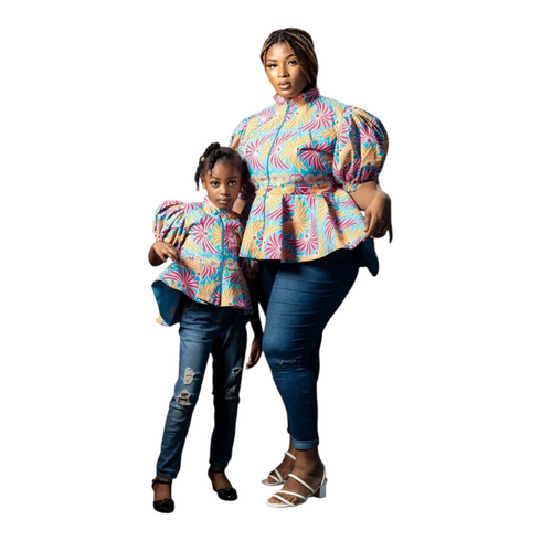Tahlia Ankara Puff Sleeve with Front Zip Peplum Blouse for Women - African Print Statement Top Only for Modern Women