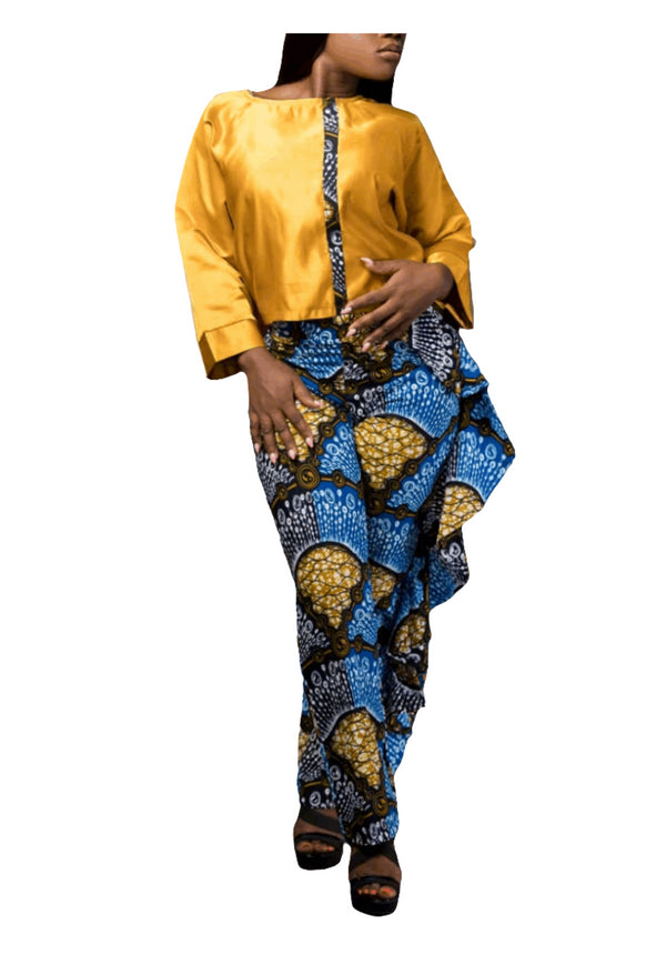 The Nakua Handmade Satin Top and African Print Ruffle Pants Set