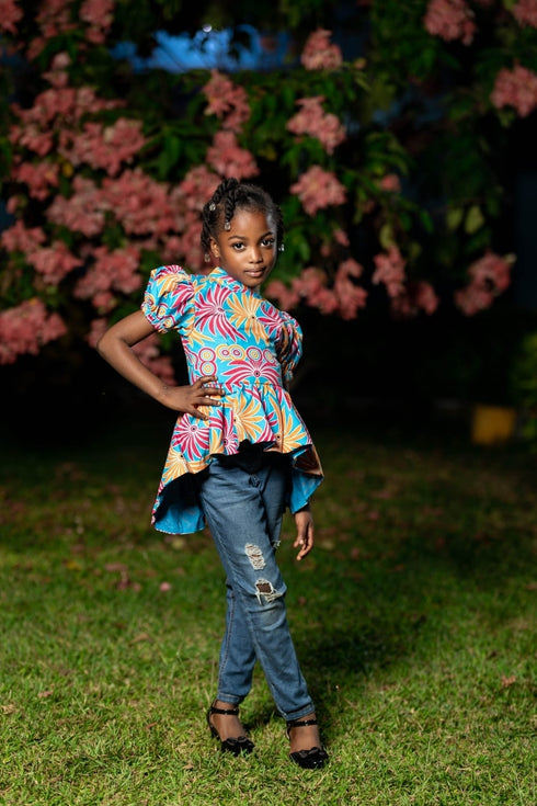 Tindika Girl's Ankara Puff Sleeve High-Low Blouse – Back Zip Elegant Asymmetric African Print Top only