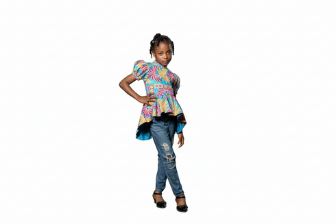 Tindika Girl's Ankara Puff Sleeve High-Low Blouse – Back Zip Elegant Asymmetric African Print Top only