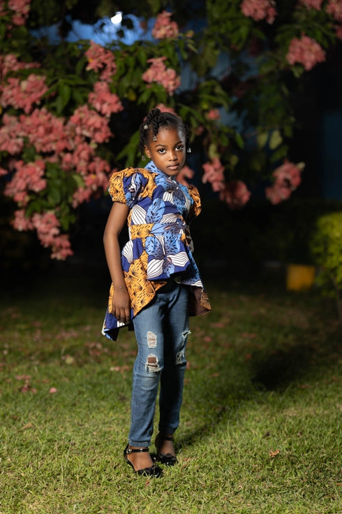 Tindika Girl's Ankara Puff Sleeve High-Low Blouse – Back Zip Elegant Asymmetric African Print Top only