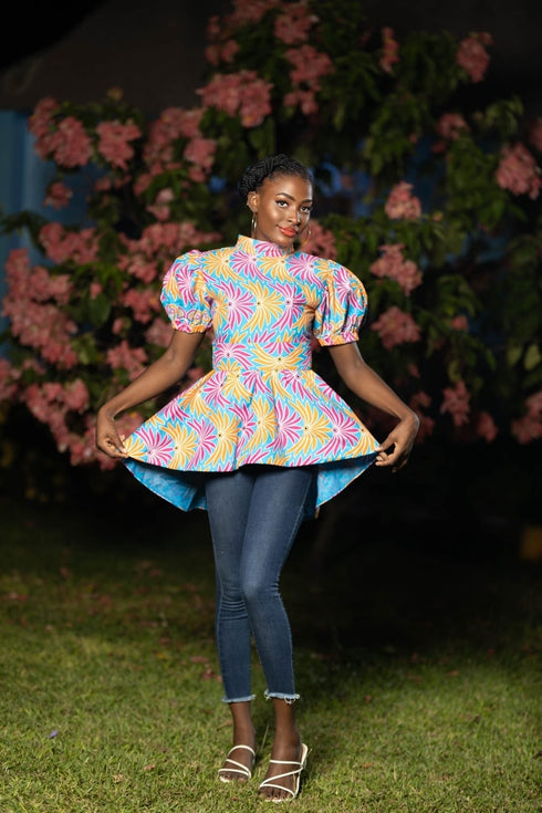 Tindika Women’s Ankara Puff Sleeve High-Low Blouse – Back Zipper Elegant Asymmetric African Print Top Only