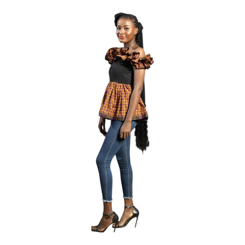 Vaila Ankara Off-Shoulder Ruffled Peplum Blouse for Women – African Print Statement Top Only
