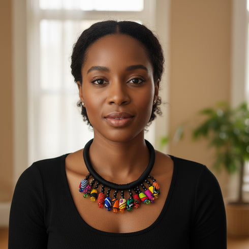 ZARIA Bold Multicolor Ankara Fabric Bead Statement Necklace – Handmade Women’s Jewelry