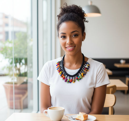 AZIZA Bold Multicolor Ankara Fabric Bead Statement Necklace only – Handmade Women’s Jewelry