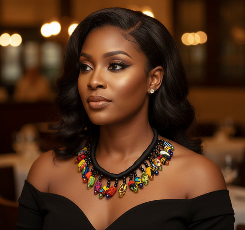 AZIZA Bold Multicolor Ankara Fabric Bead Statement Necklace only – Handmade Women’s Jewelry