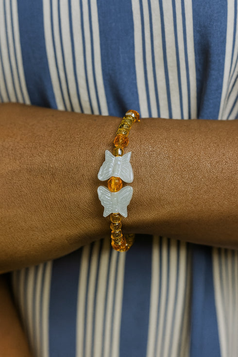 ZAHARA Handmade Butterfly Charm Gold and Amber African Bead Bracelet