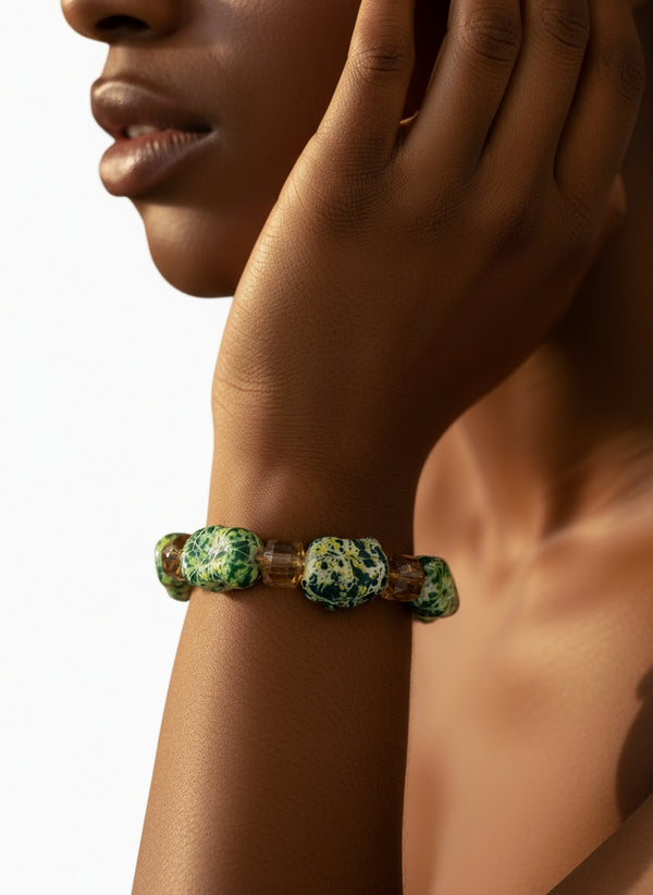 ZURIYA Luxurious Green Marble Handmade Beaded Hand Bracelet – African-Inspired Statement Jewelry