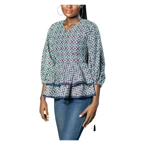 Zanele Woman's Ankara Peplum Blouse with Balloon Sleeves & V-Neckline - Top Only