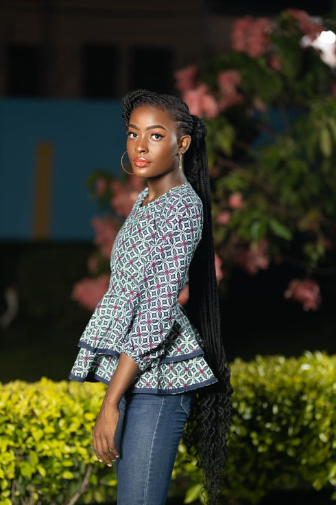 Zanele Woman's Ankara Peplum Blouse with Balloon Sleeves & V-Neckline - Top Only