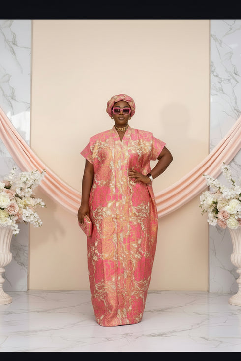 ZORA Luxury Metallic Damask Brocade African Boubou Kaftan Maxi Dress With Matching Braided Headband Set - 2 Piece Boubou Set