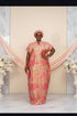 ZORA Luxury Metallic Damask Brocade African Boubou Kaftan Maxi Dress With Matching Braided Headband Set - 2 Piece Boubou Set