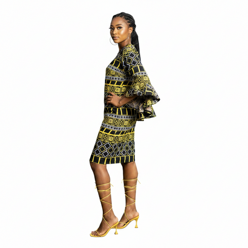 Zura Women Geometric Ankara Shift Dress with Flared Sleeves – Modern African Simplicity