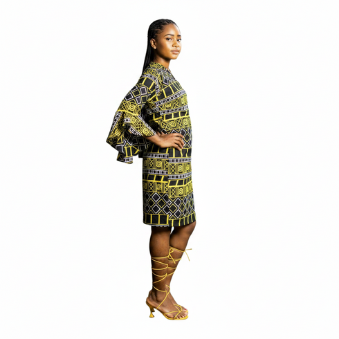 Zura Women Geometric Ankara Shift Dress with Flared Sleeves – Modern African Simplicity