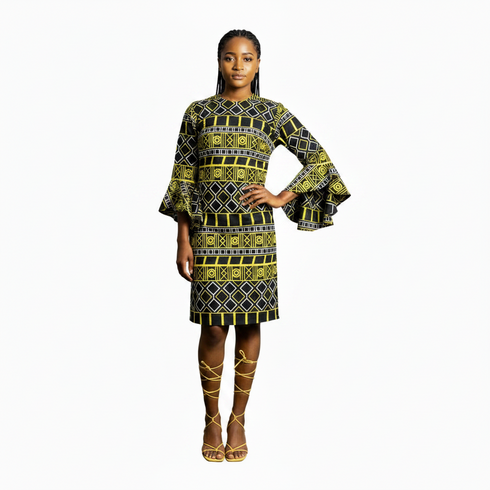 Zura Girls Geometric Ankara Shift Dress with Flared Asymmetrical Sleeves – Modern African Simplicity