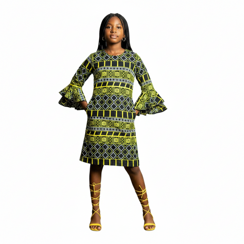 Zura Girls Geometric Ankara Shift Dress with Flared Asymmetrical Sleeves – Modern African Simplicity