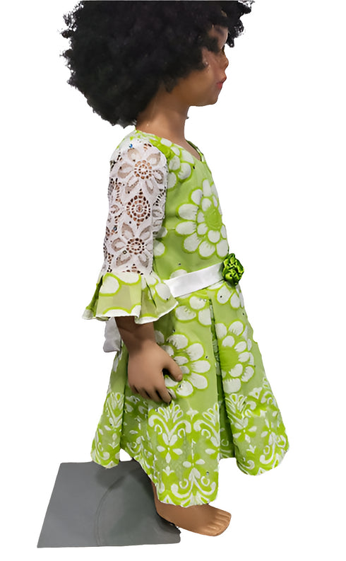 Amosiwaa Green Floral Lace pleated Sleeve Rose Belted Baby Girl Dress – Handmade