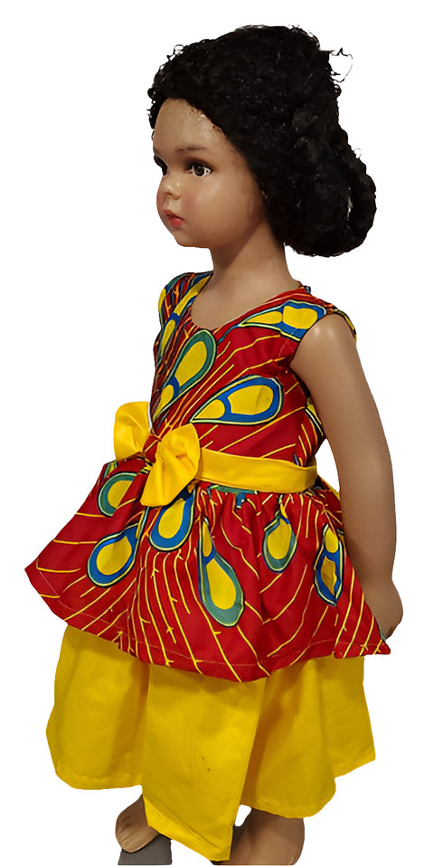 Nova Ankara African Print Baby Girl Dress with Yellow Belt Bow – Handmade