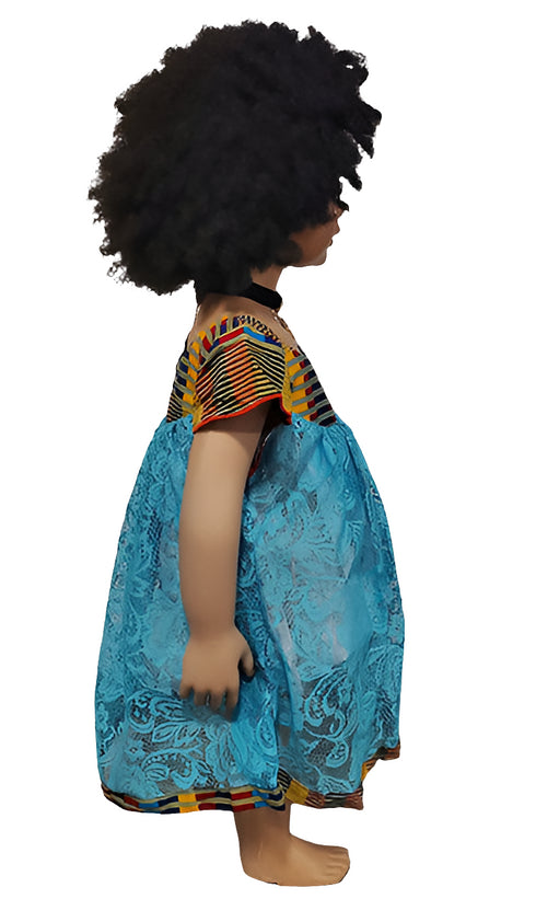 Oforiwaa Blue Lace African Kids Dress with Kente Butterfly Sleeves Baby Girl Dress – White Lining