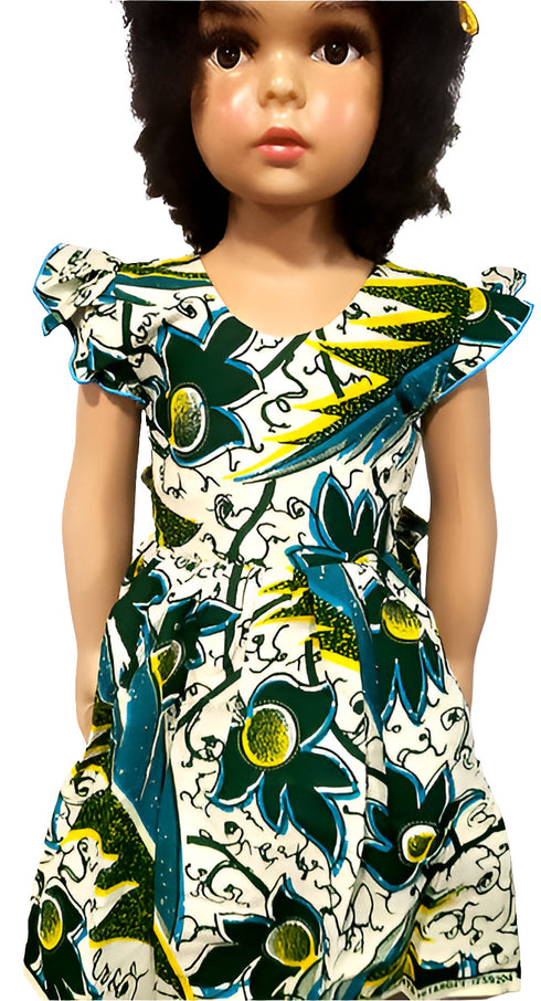 Jaliyah Green and White Floral Ankara Ruffle Sleeve Baby Girl Dress with Waist Tie – Handmade